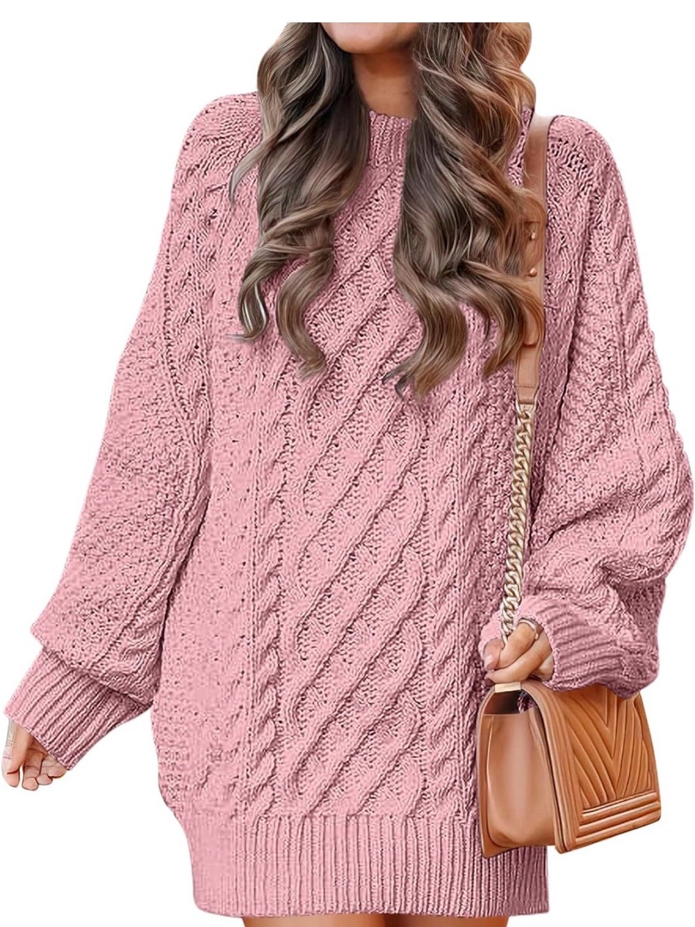 Amazon Pink Cable Knit Crewneck Sweater Dress